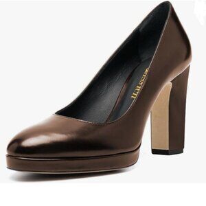 miss left Brown Platform Almond Toe Pumps Classic Slip On Block High Heel Shoes